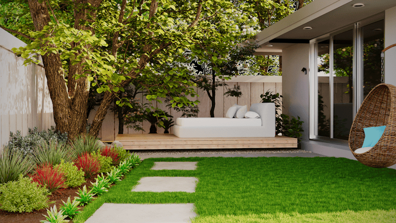 Terrasse en bois naturel avec vue sur jardin
